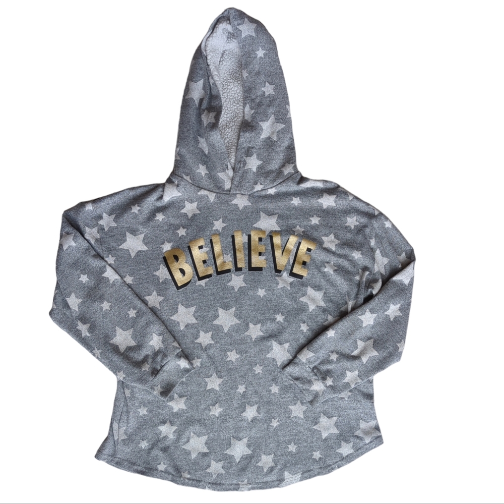 No Boundaries Sherpa Hoodie Star BELIEVE Graphic Top Junior XL (15-17) Gray